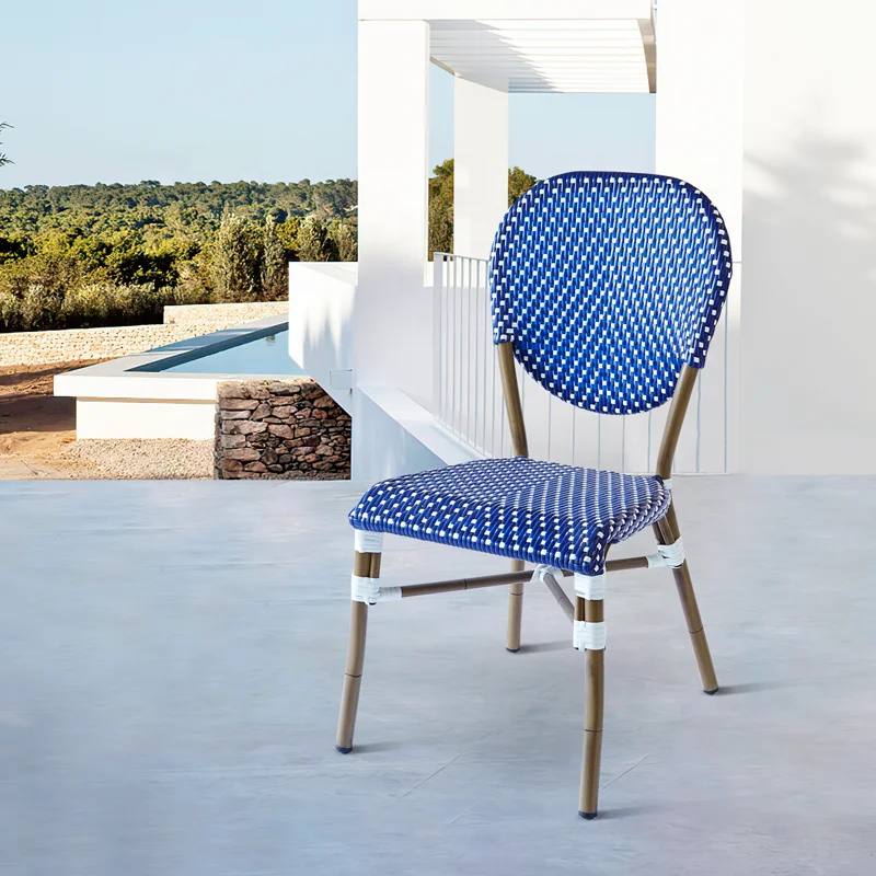 Blue French Garden Cafe Wicker Restaurant Dining Furniture Aluminum Outdoor Patio Rattan Bistro Chairs