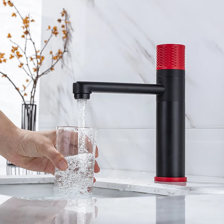 Black Red Push Button Rotation Single Hole Bathroom Hand Wash Basin Tap Faucet