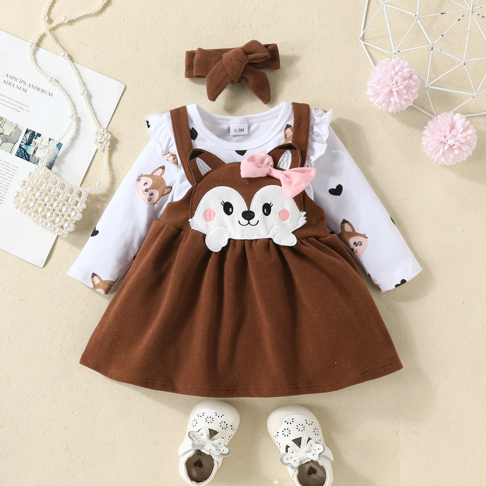 Cartoon Animals Long Sleeve Baby Dress 3PCS Overall Baby Romper and Dress Set