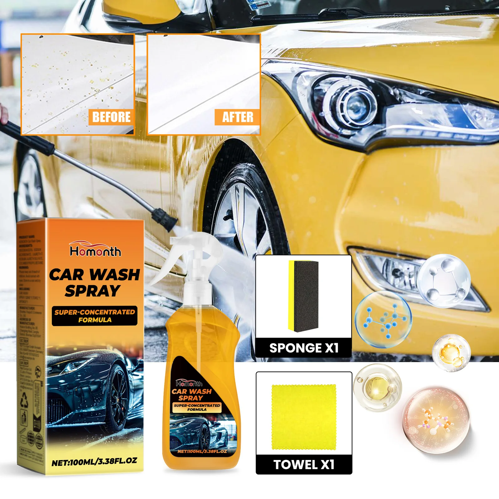 Homonth Car Wash Spray Nozzle Polishing Car Wash Spray Organic Waterless Car Wash Spray