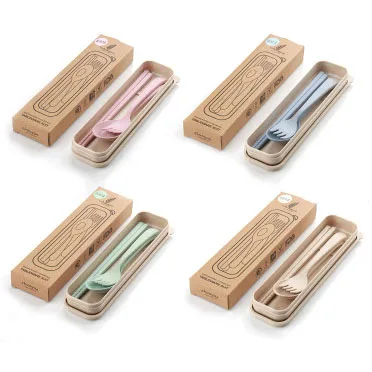 Cheap Eco Friendly Travel Wheat Straw Cutlery Sets Spoon Chopsticks Fork Portable Flatware With Case