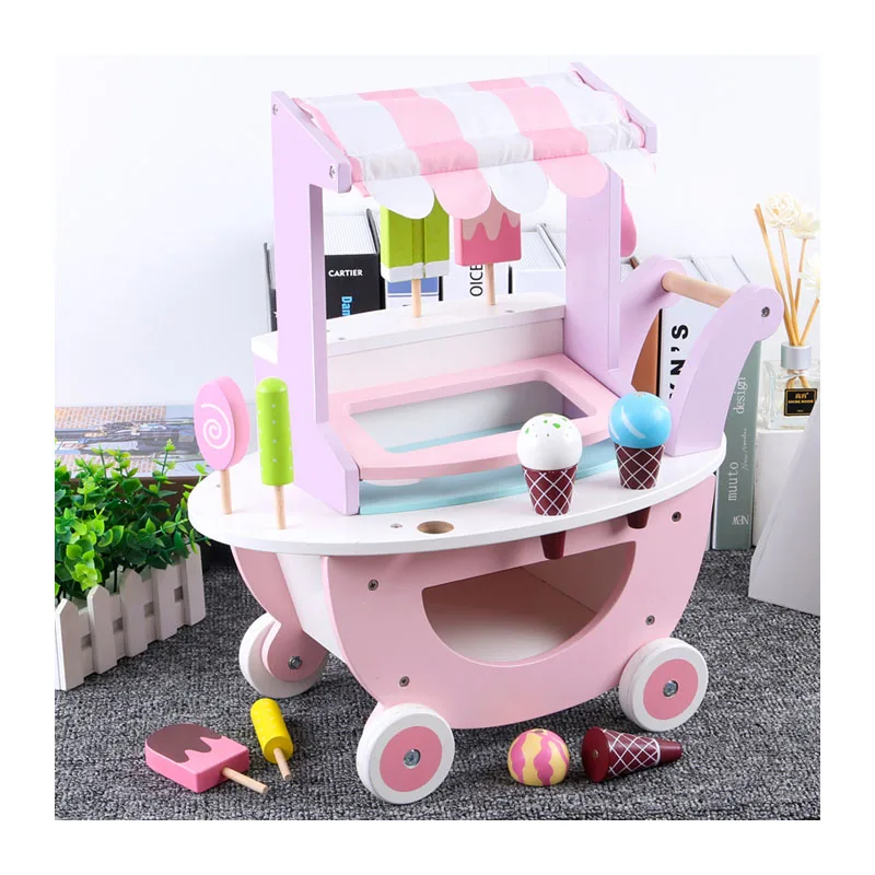 WD18022 Children Intelligence Pretend Food Kitchen Game Set Wooden Icecream Cart Truck Toys Ice Cream Toy