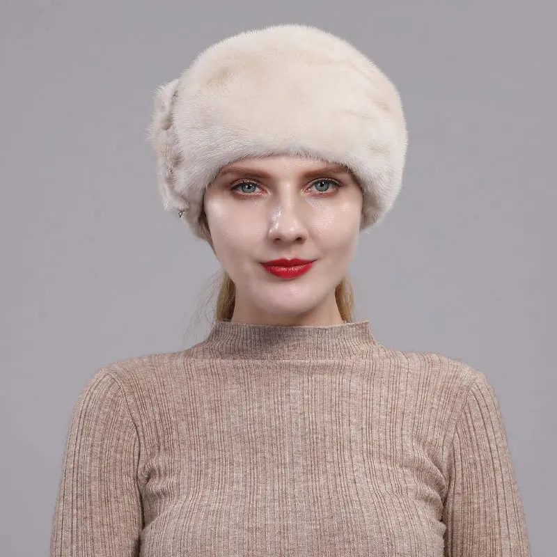 Custom design cute womens round cap winter mink fur hat