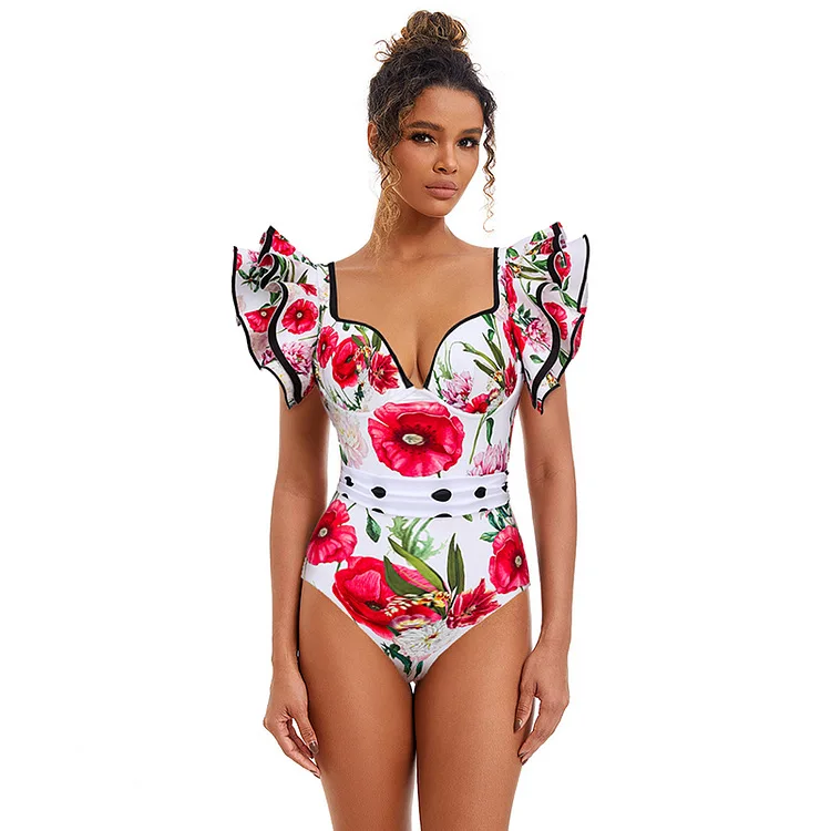 2024 Trending reto bathing suits with skirt ruffle vintage print swimsuit one piece swimwear women fashion swimwear bikini