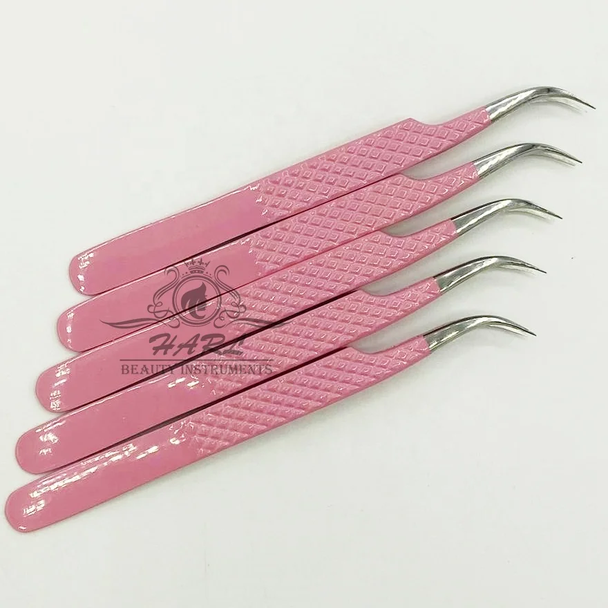 Baby Pink Powder Coated Color with Curved Shape with Silver Tip eyelash extension tweezers under custom logo