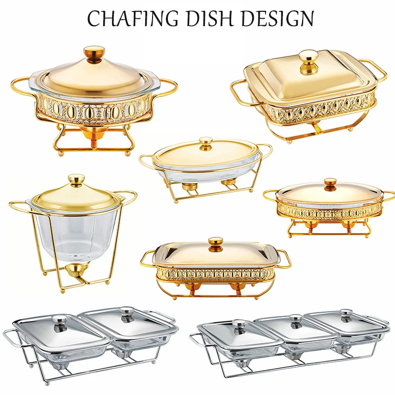 Round Buffet Soup Warmer Chafer Set Glass Food Pan Dishes with Ladle 4L Gold Chafing Dish for Wedding Parties Banquet Catering