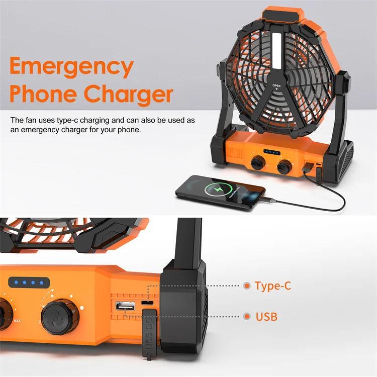 Rechargeable Outdoor Camping Fan with Led Light 8000mAH Portable Battery Operated Industrial Camping Floor Fan