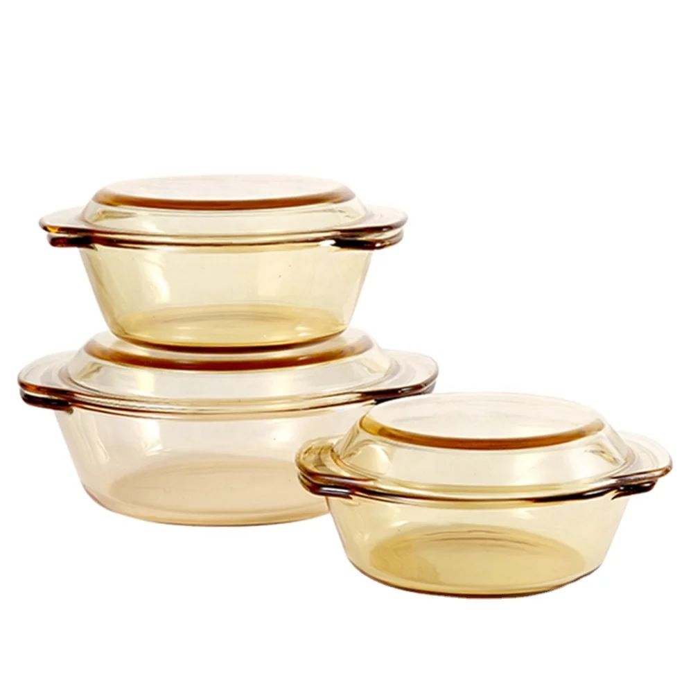 Clear Borosilicate Glass Oven Safety Pan with Glass Lid, Amber Colored Pot