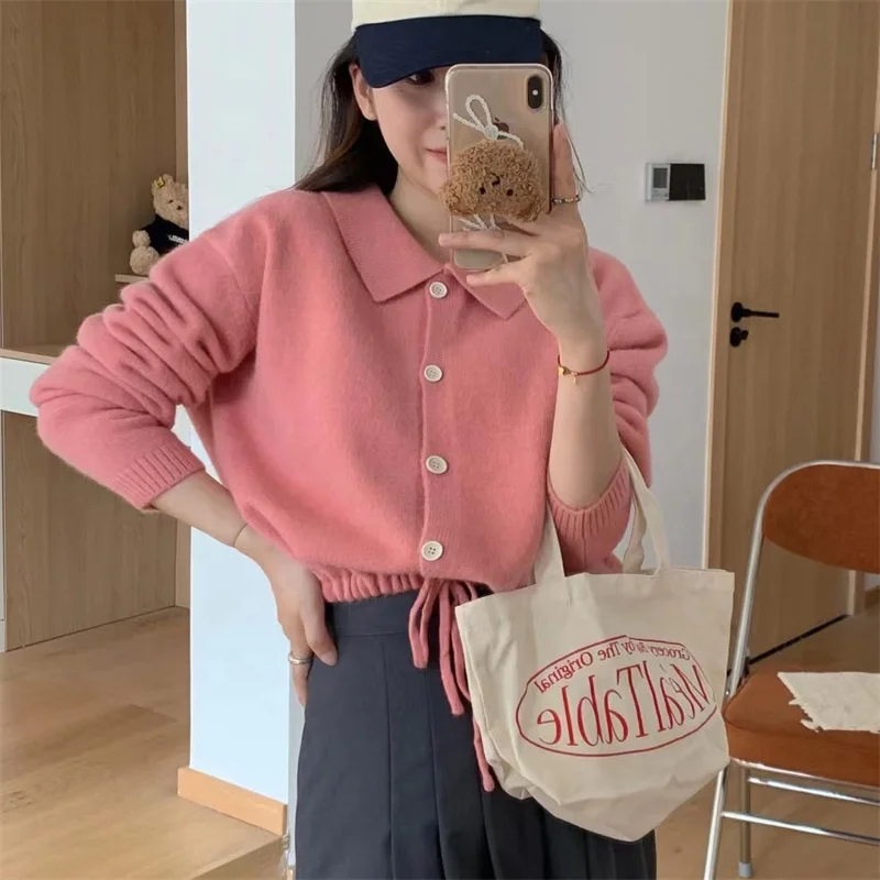 Spring casual simple basic polo neck  button cardigan crochet jacket woman drawstring frenum knitted sweater cardigan