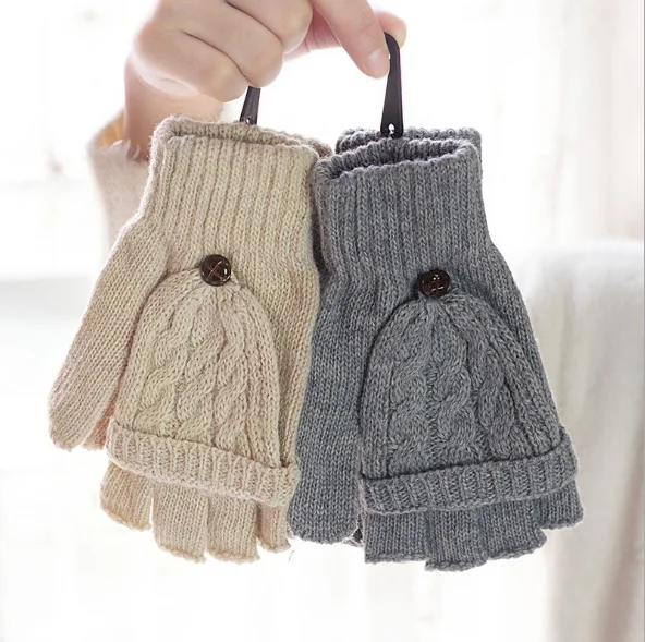 2022 hot sales ylm lovely japanese Dinosaur Glove Woman Winter Thickening and warmth Cartoon knit cotton Plush half finger glove