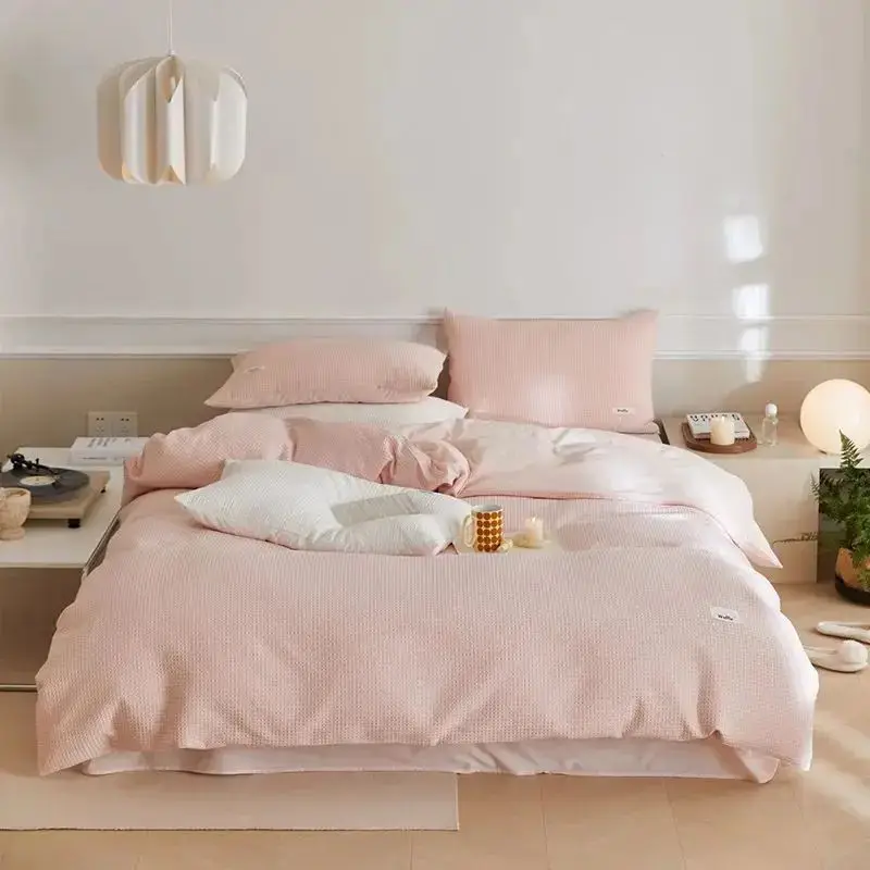 Modern 4-Piece Luxury Bedding Set in Pink  Comforter Cover with Pillow Shams Duvet Collection Washable Cotton