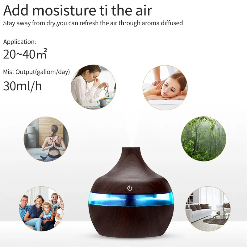 300ML USB design Electric desk Aroma Diffuser Mist Wood Grain Oil Aromatherapy  led light  Air Humidifier