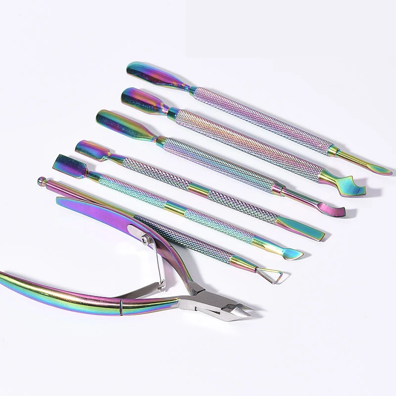 Rainbow Silver Black Stainless Steel  Nipper Clipper Dead Skin Remover Double head Nail Cuticle Pusher Scissors Set for Manicure