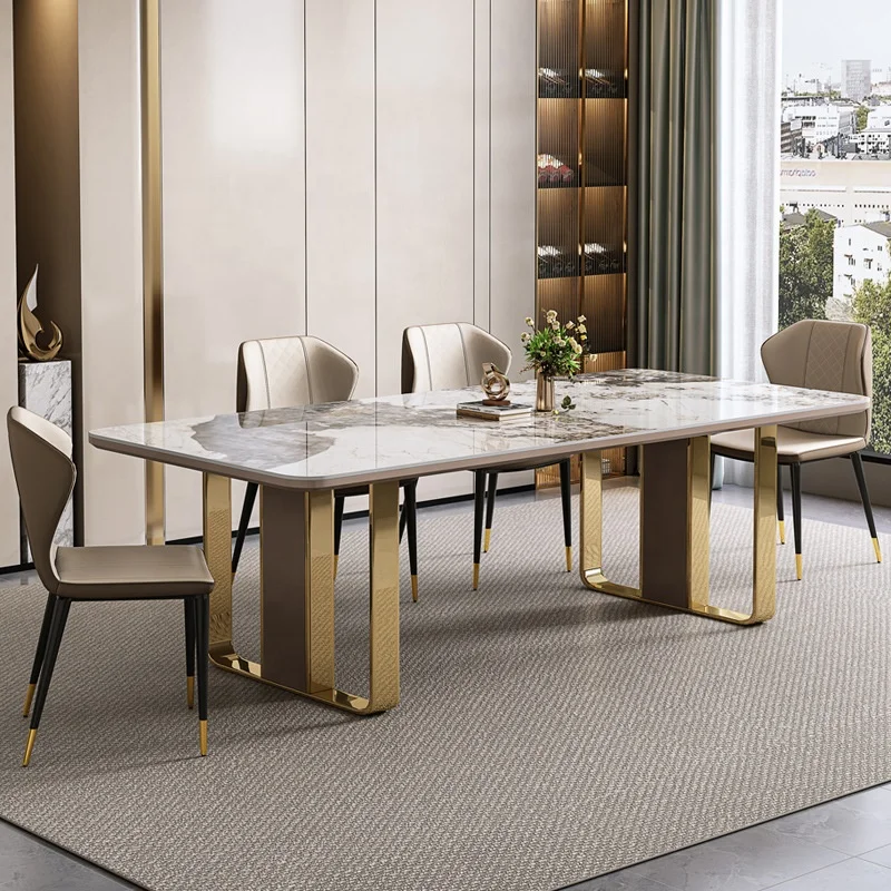 Nodic Marble Design Rectangle Home Furniture Dinning Table Meeting Room Office Desk Sintered Stone Top With Gold Metal Base