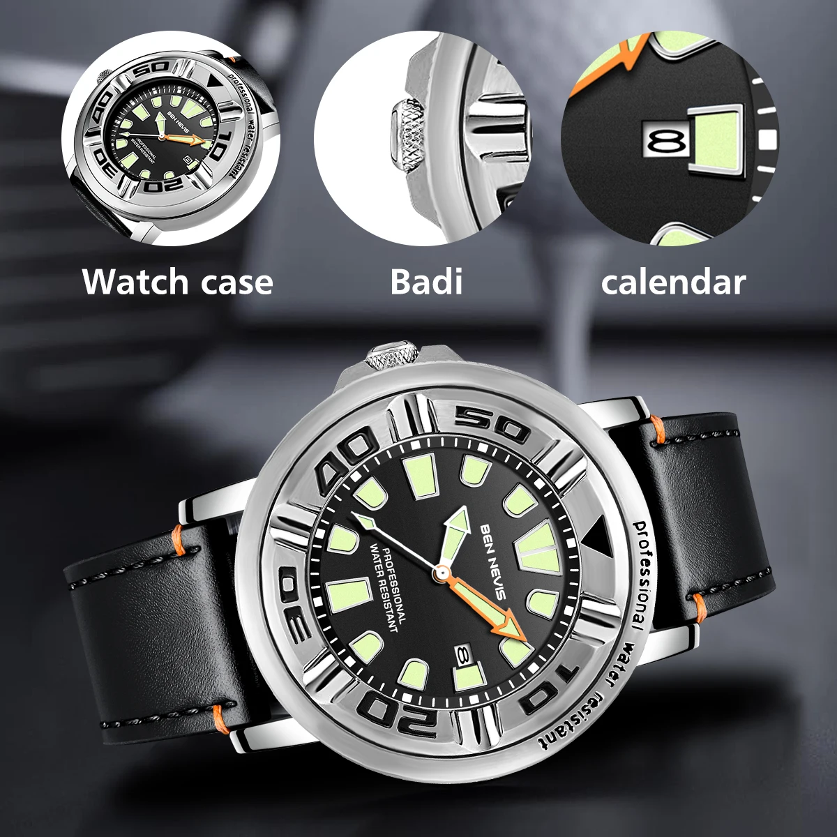 BEN NEVIS BN3019G High Quality Fashion Men Quartz Watch Leather Band Waterproof Luminous Date Display Watch Casual Watch Design