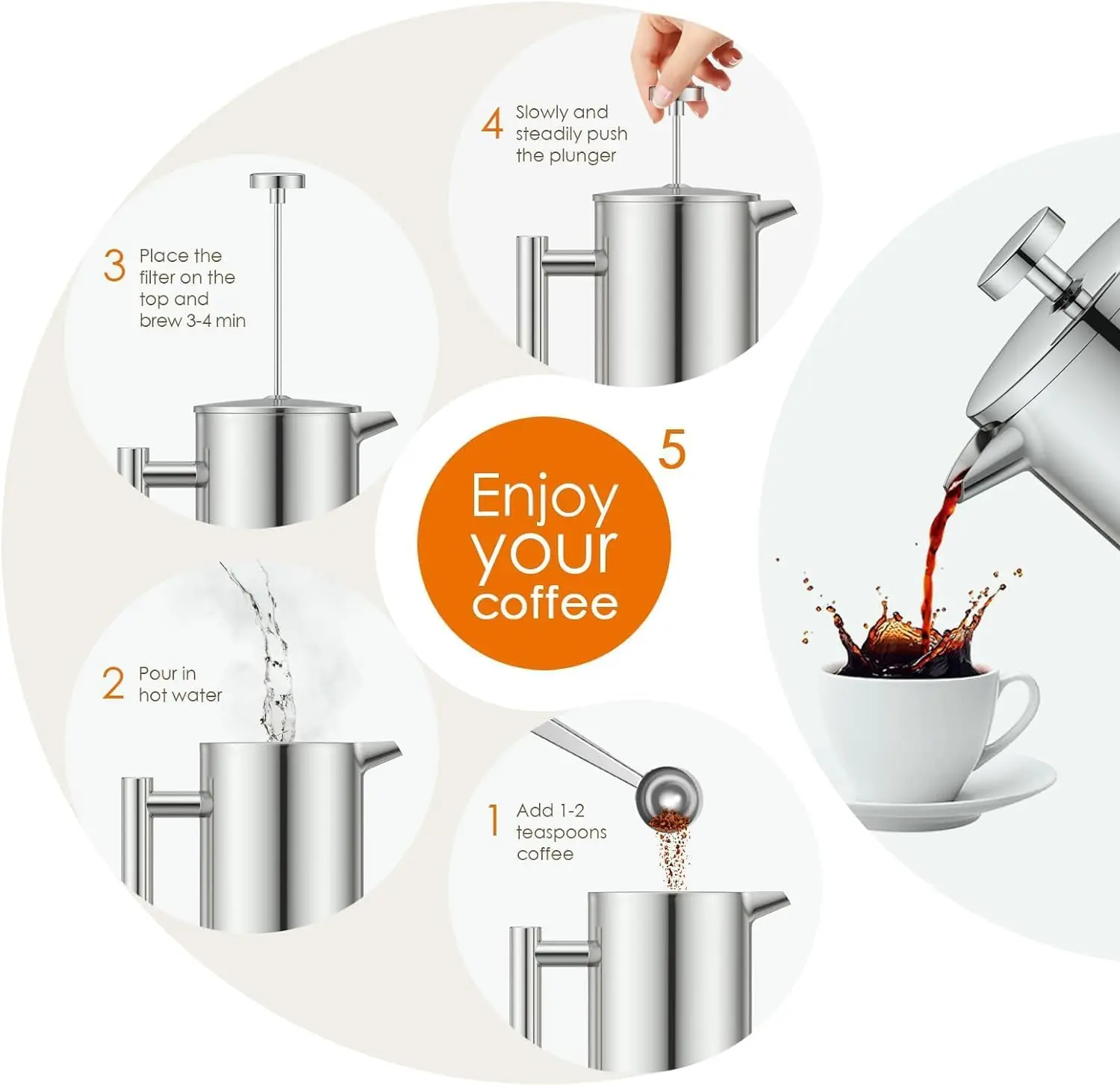 Custom Logo 304 stainless steel pressure pot French filter hand brewed coffee pot double-layer filter insulated pot matching