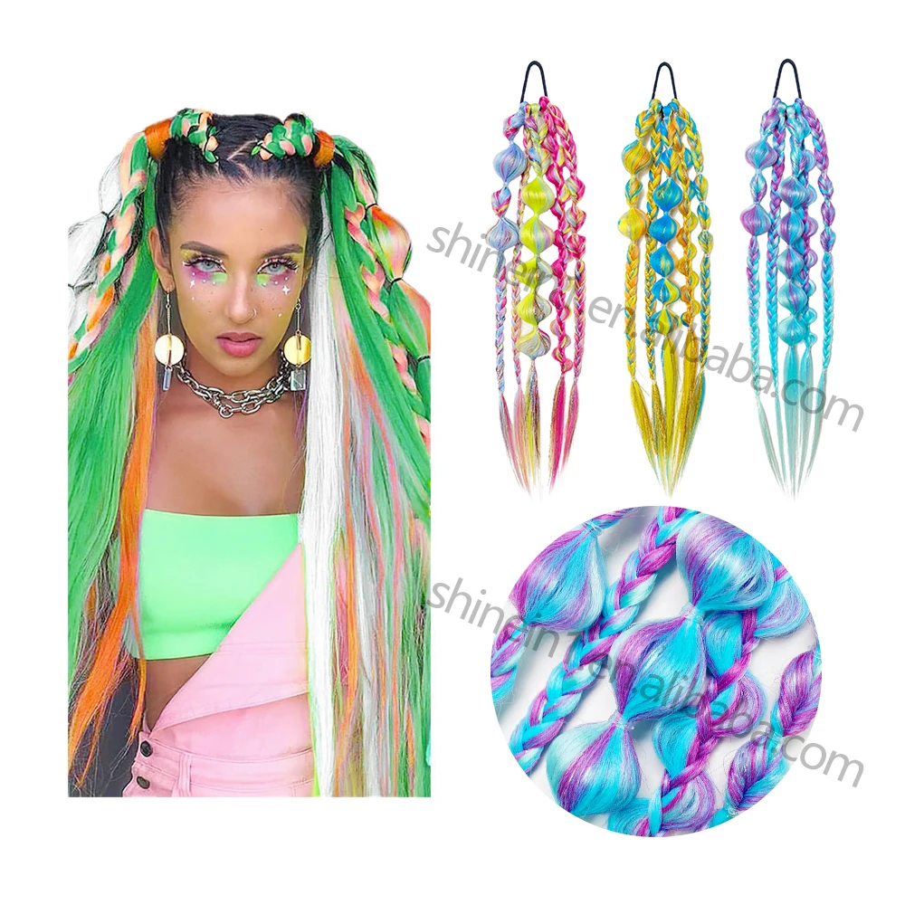 Wholesale 24inch Cosplay Handmade Crochet Colored Hair Extensions Synthetic Bubble Braid Hair Ponytail with Rubber Bands