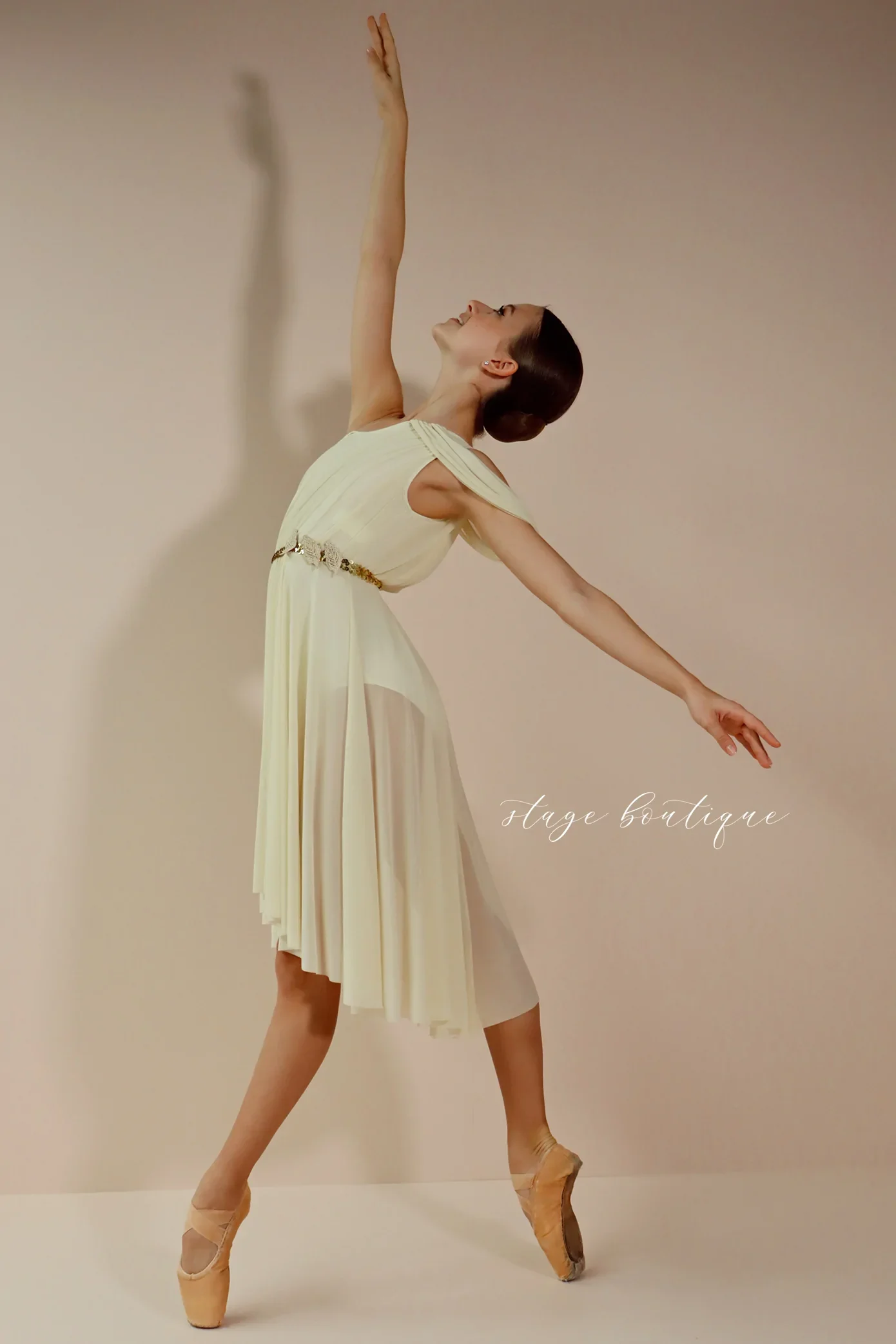 Ready to ship leotard with a four-way stretch mesh bodice  lycra  gold sequin belt with a leaf performance dance wear