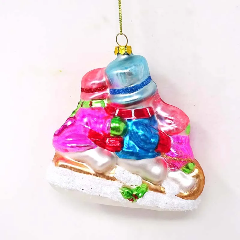 Factory wholesale glass ornaments for christmas cute three snowmen sitting on a sleigh pendant