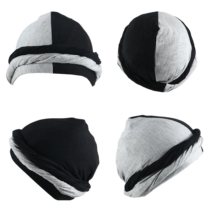 Color Block Contrast Skull Wave Cap Pre-Tied Halo Twisted Men Turban Durag Head Wrap Hat With Satin Lining