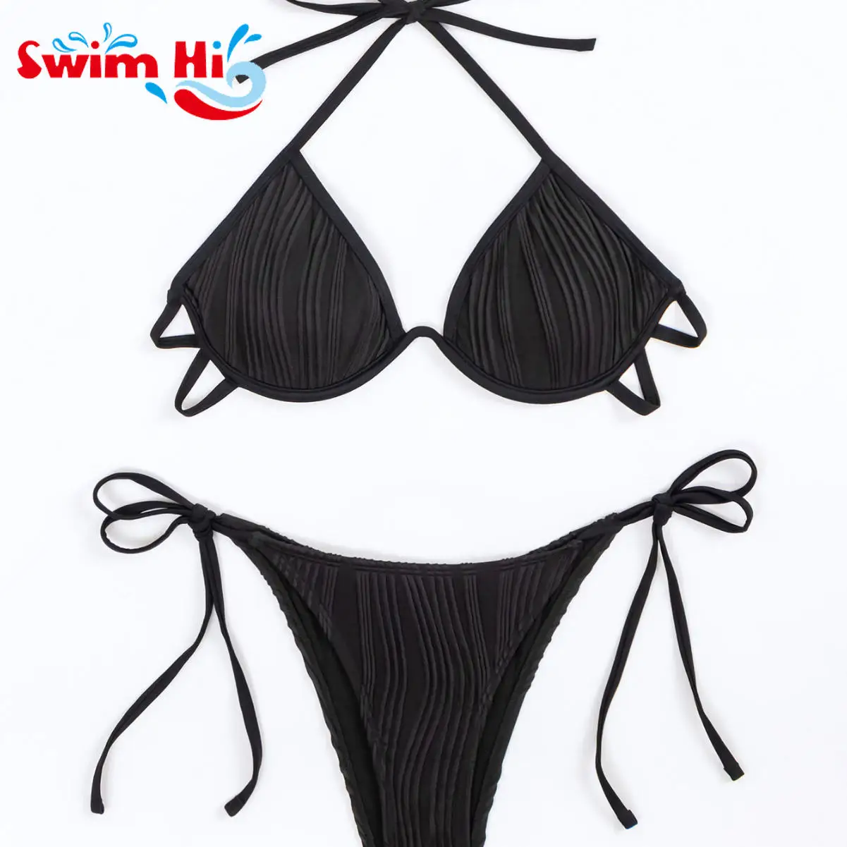 Wholesale Brazilian Halter Backless Ribbed Swimwear Mujer Custom Summer G String Crinkle Sexy Micro Bikini Set