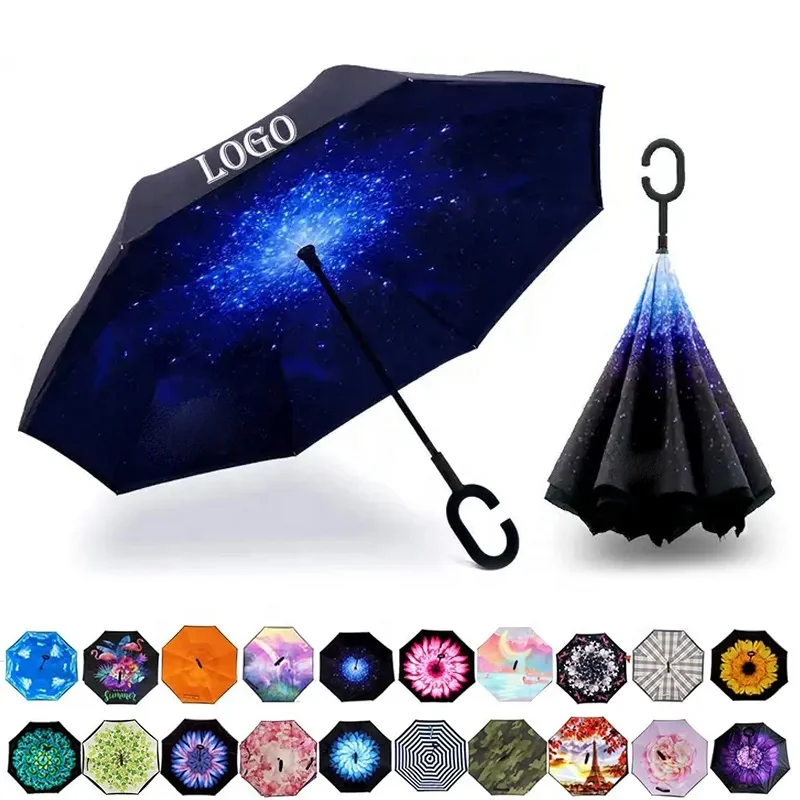 inverse car Umbrella with logo prints Custom Double Layer Inside Out C Shape Handle design inverted Folding Reverse Umbrella