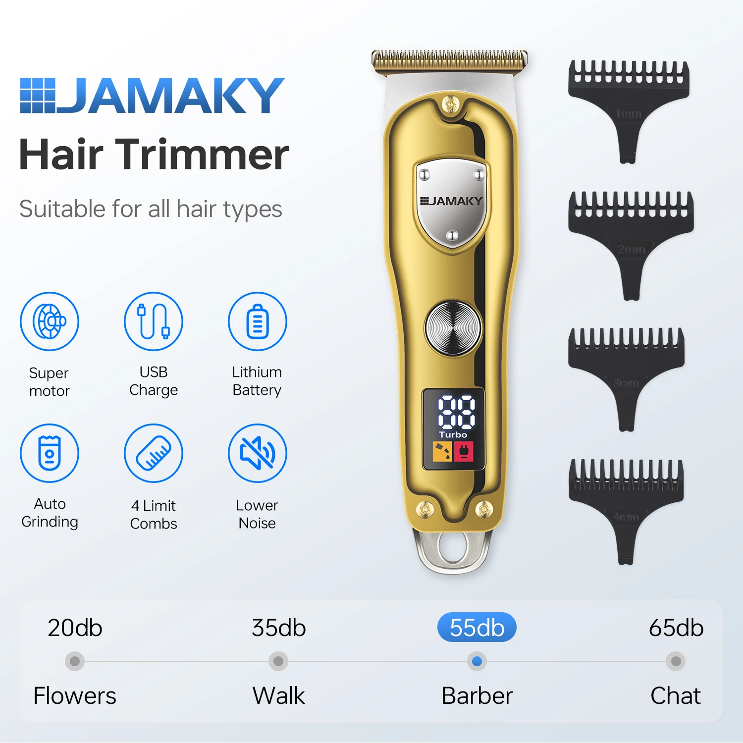 JAMAKY Hot Sale OEM USB Rechargeable Wireless Electric Machine Hair Clipper for Men Professional Barber Cordless Hair Trimmers