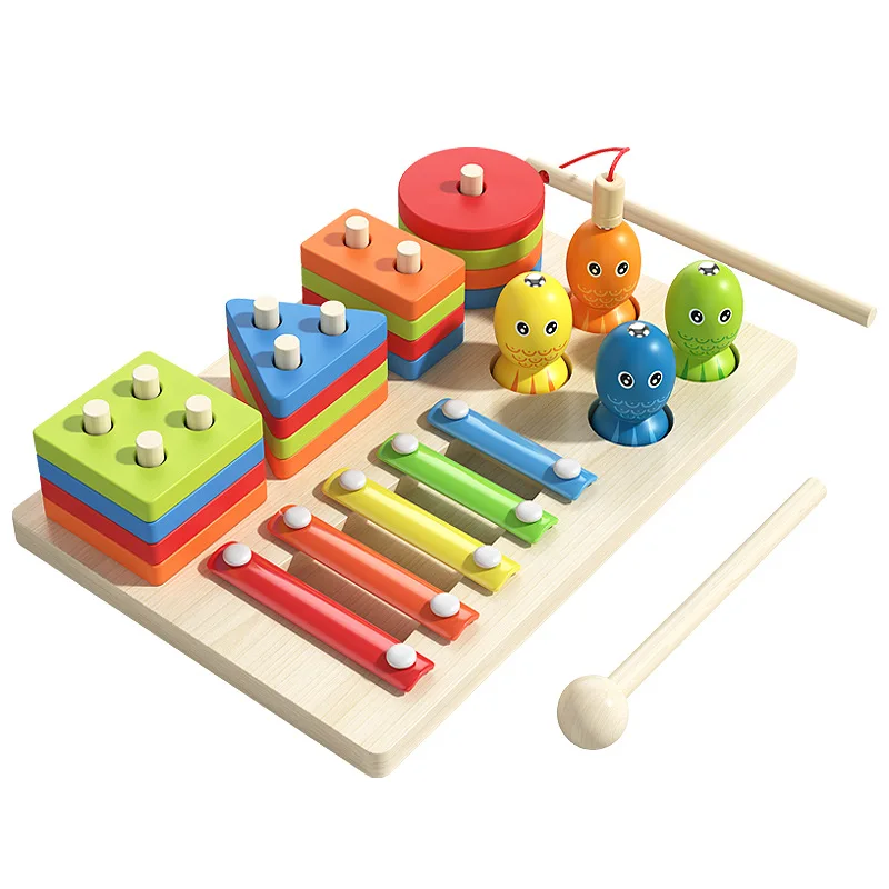 Educational Wooden Block Shapes Puzzle Matching Board Funny Fishing Games for Kids Baby Wood Xylophone Preschool Geometry Toys