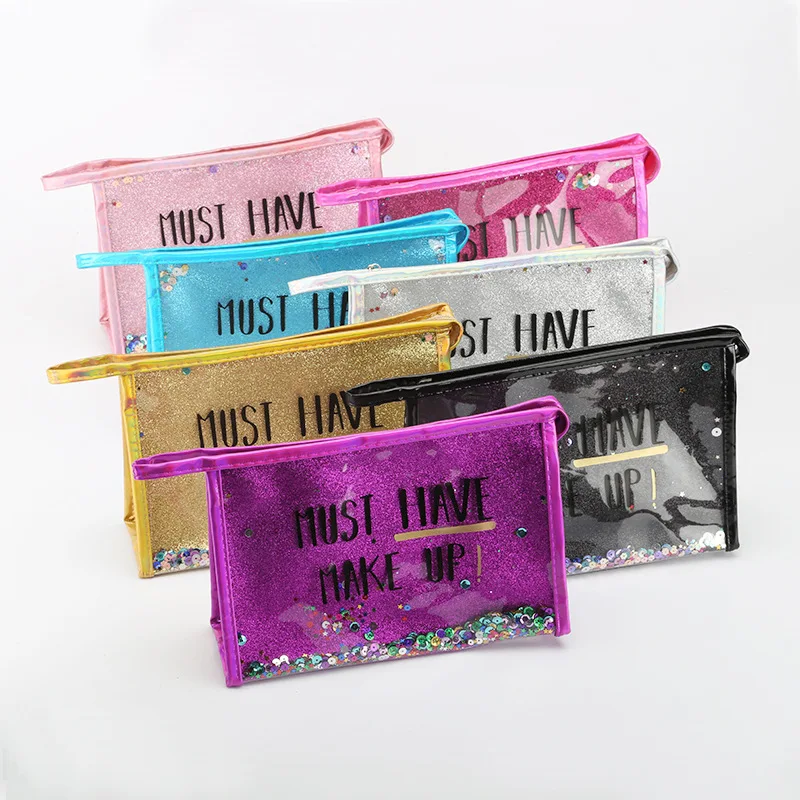 Factory transparent sequin wash bag printed PVC cosmetic makeup bag with bottom