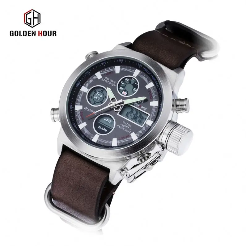 GOLDEN HOUR  GH-107  hot sell black mens digital watch original PU leather band 3 dials Chronograph Luminous sports wristwatch