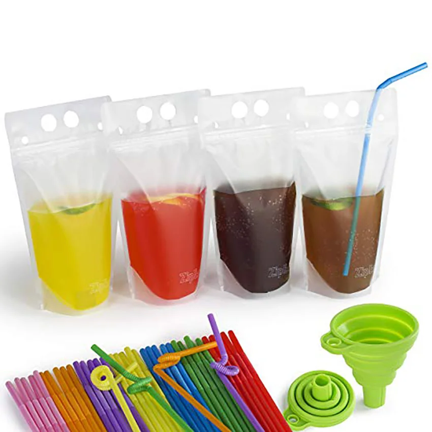
In Stock and Custom Juice Sealed Drink Pouches Clear Reclosable Hand Held Zipper Plastic Drinking Bags With Plastic Straw 