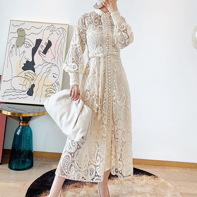 
Paisley Flower Hollow Out Embroidery Lace Female Stand Collar Bag Buckle Lantern Sleeve Long Skirt Dress 