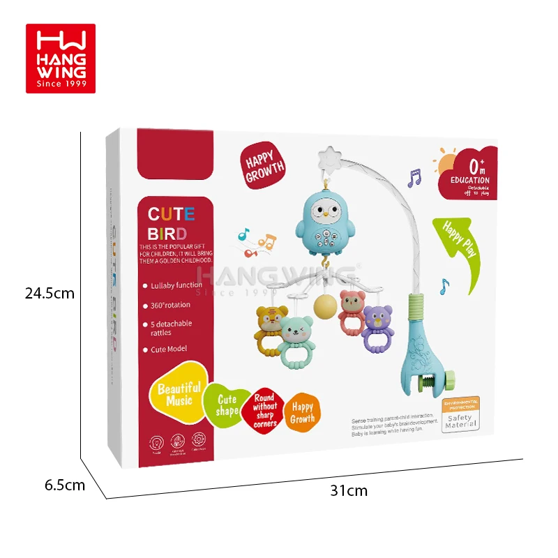 HW Newborn Bird Music Box Crib Hanging Early Education Rattle Smart Remote Control Rotating Mobile Bed Bell Toy to Coax Baby