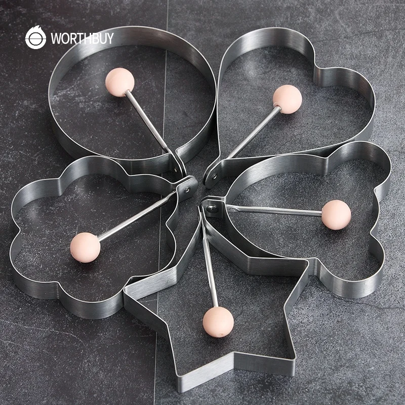 WORTHBUY 5 Pcs/Set Cute Stainless Steel Egg Pancake Forms Kitchen Egg Cooker Maker Tools Fired Egg Molds