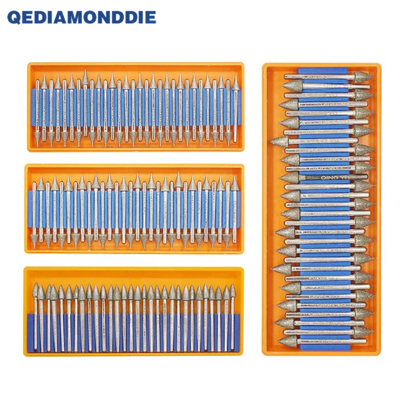 30 pcs / set Diamond Coated Grinding Head Rotary Tool 3mm Shank Diamond Gring Bits Burr Mounted Points for Engraving Carving