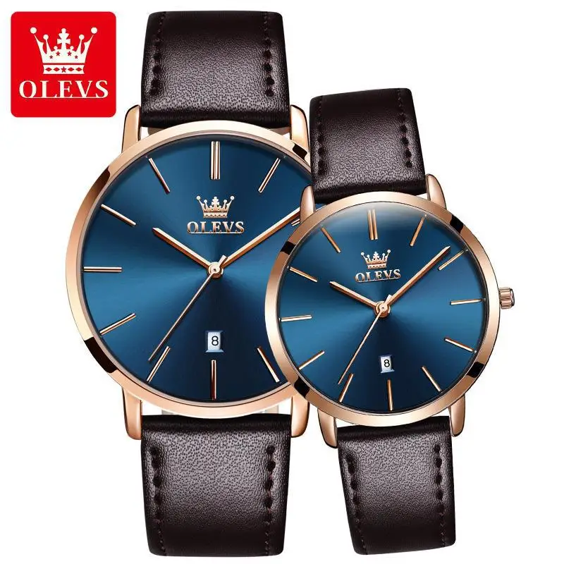OLEVS 5869 luxury classic lovers quartz watch superior Genuine Leather band Waterproof date display low moq business wrist watch