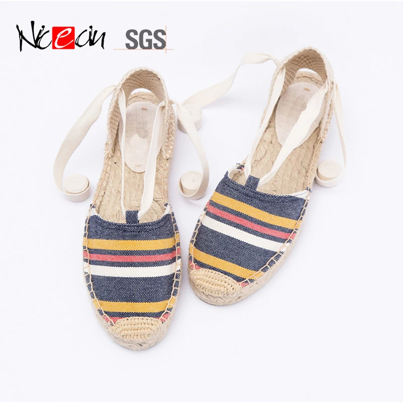 Custom stripe canvas casual ladies flat jute femmes sandals soles for platform espadrilles wedge womens