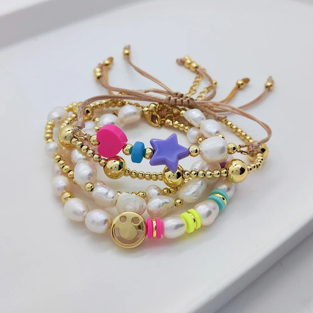 Wholesale dainty fashion jewelry  custom colorful clay beads jewelry cultured pearl bracelet multiple beads bracelet for girls