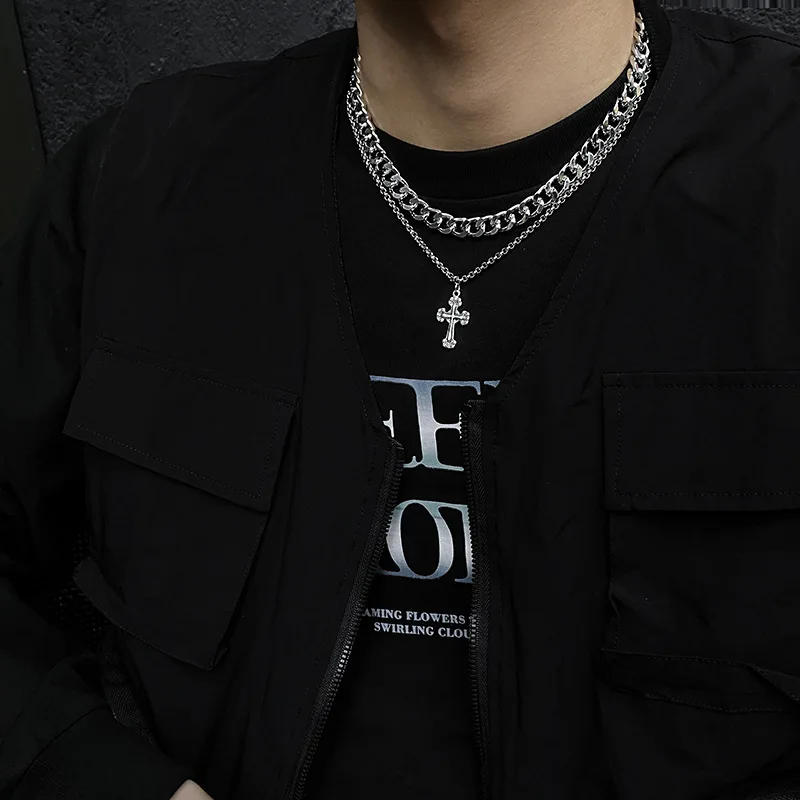 New Personalized Stainless Steel Cuban Chain Double layered Cross Pendant for Men and Women Street Hip Hop Rock Necklace