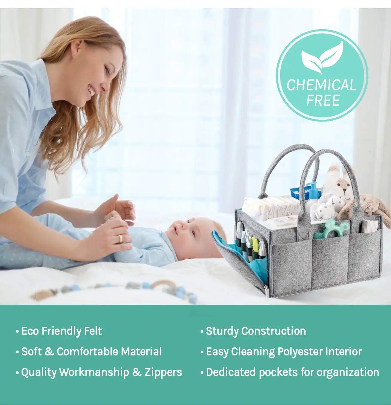 Premium Baby Diaper Organizer Portable Nursery Storage Bin Planner Caddy Heavy Duty 5mm Felt Zipper Pocket Car Seat Storage