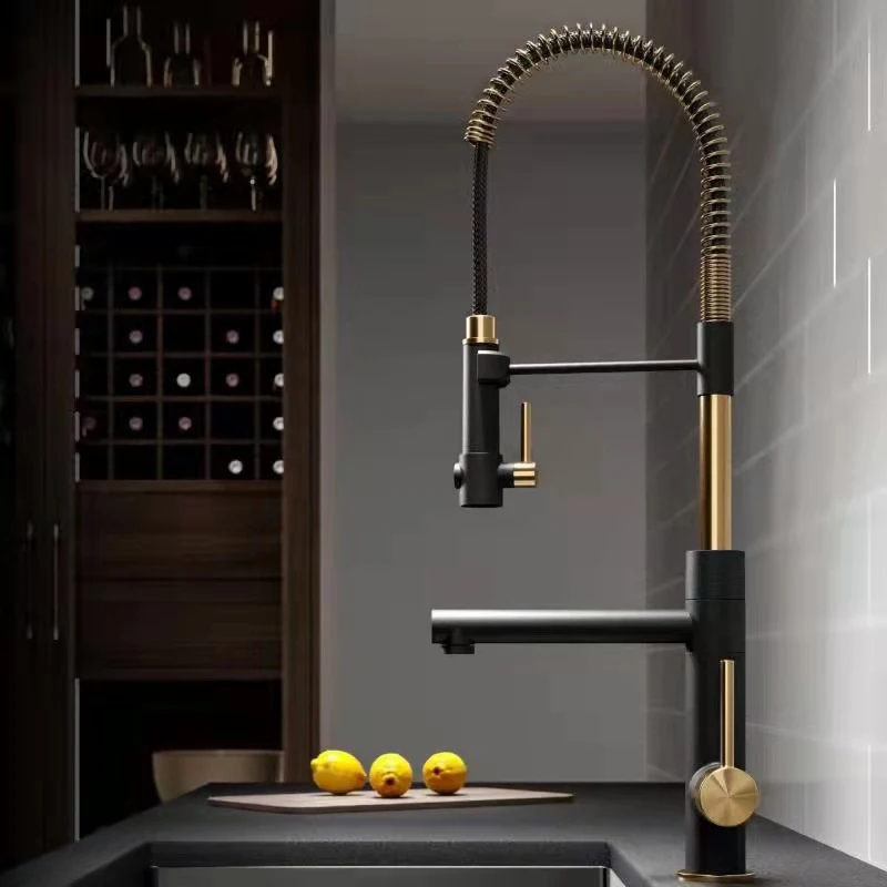 Modern 360 Rotating Deck Mounted Mixer Kitchen Sink Faucet Gold and Black Luxury Brass Provided Contemporary Ceramic 2pcs