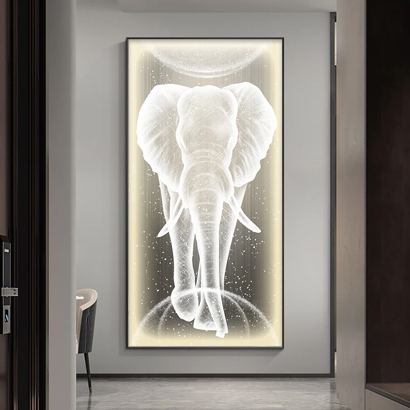 Custom modern Art Deco Elephant animal Wall Painting Light up art painting with light LED background wall decoration