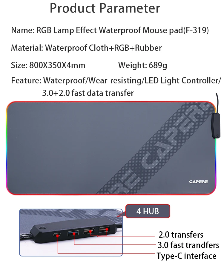 4HUB RGB Glowing Lamp Effect Key Switch Waterproof Flat Gaming Mouse pad