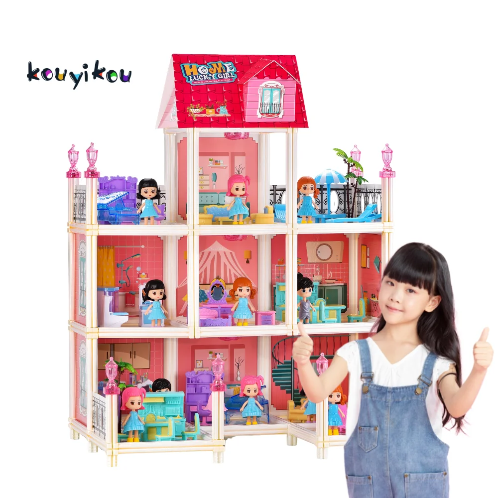 Kouyikou Factory Children Pretend Play Toy Big Doll House Diy Gift Playing Games Educational Building Block Toy for Kids