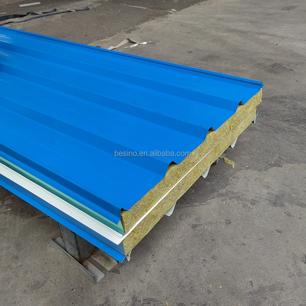 Rock Wool Products Fireproof Sandwich Panel Color Steel Insulation Rock Wool Sandwich Panel Corrugated Prefab Warehouse