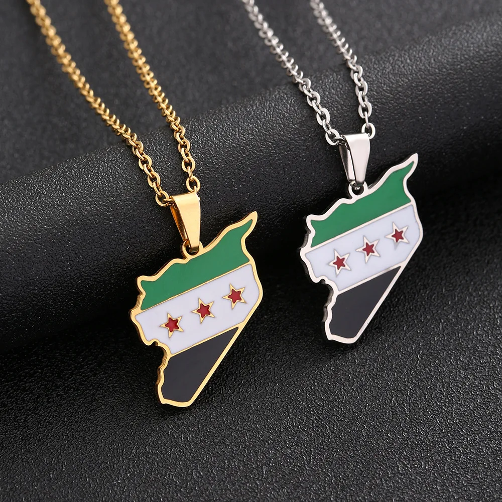 Free Syrian Army Map and Flag Stainless Steel Necklace for Men and Women Couple Sweater Chain Necklaces Accessories