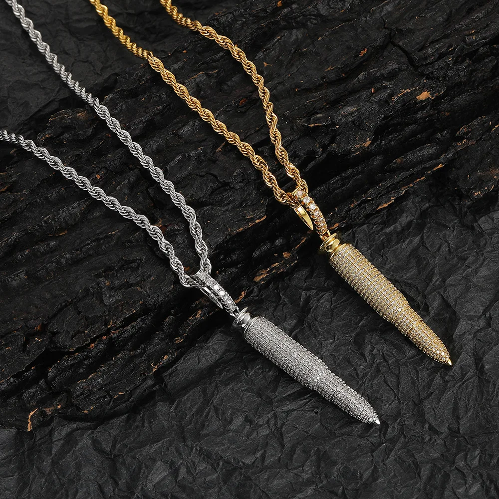 Hip Hop Style Gold and Silver Plated Brass Zircon  Micro Insert Charm Bullet Pendant Necklace