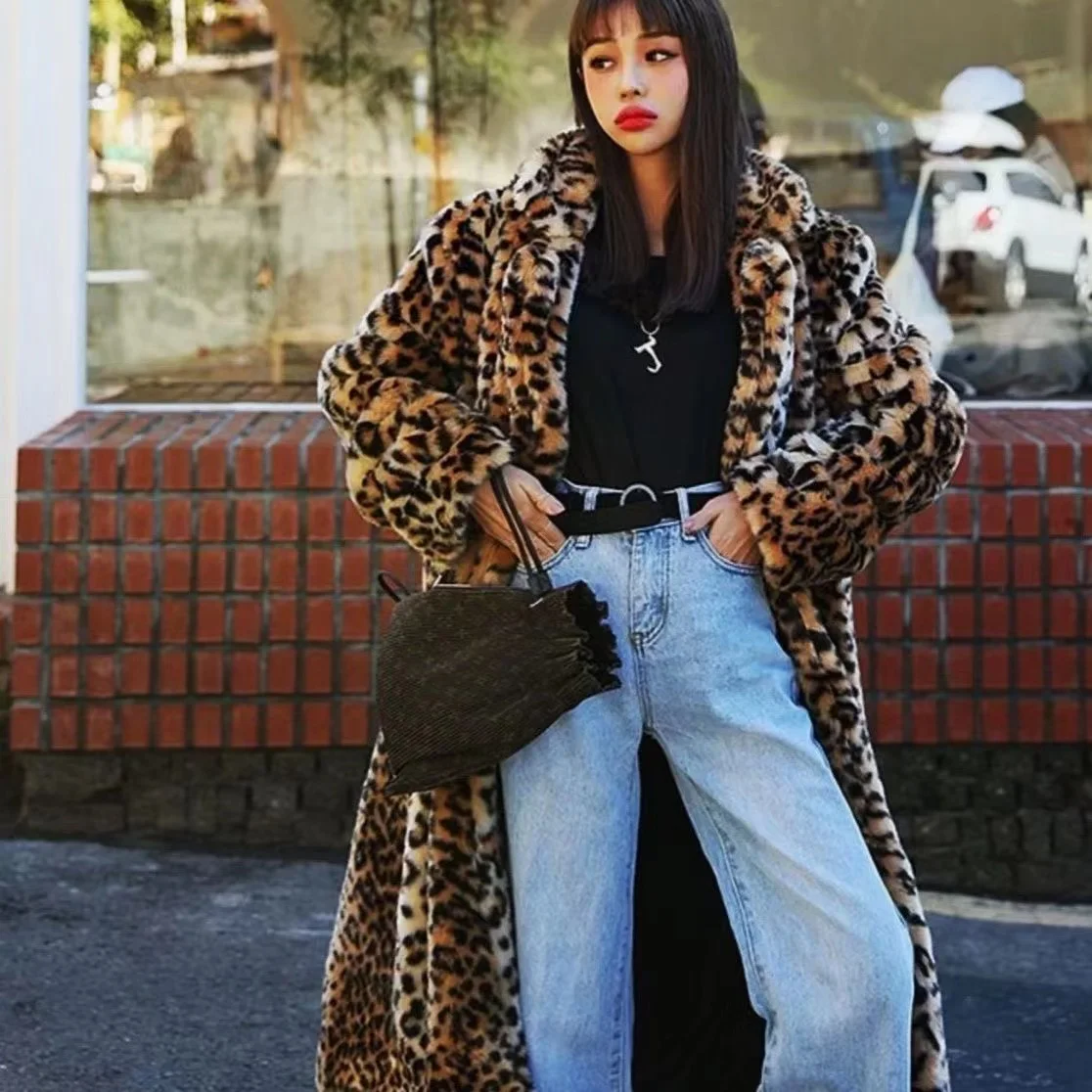 New Long maxi Faux Fur Leopard  Lapel  Coat  Trimmed Fur For  Women  In Winter Fur Long Line plus Size  Leopard Print Winter Jac