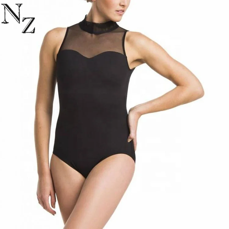 Black Turtle Neck Sleeveless Women Dance Wear Sexy Mesh Leotards Plus Sizes