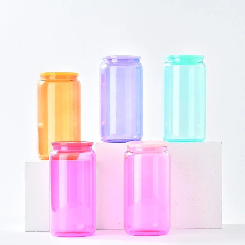 USA Warehouse 16oz Sublimation Clear Glass Mug 16 oz colorful Glass Beer Can With Bamboo Lid And Straws